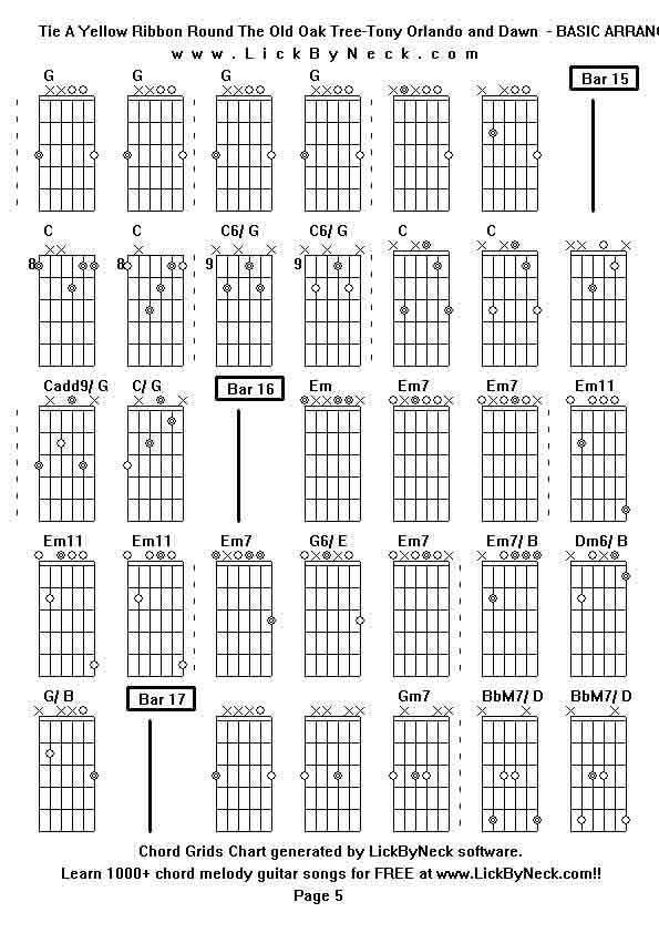 Chord Grids Chart of chord melody fingerstyle guitar song-Tie A Yellow Ribbon Round The Old Oak Tree-Tony Orlando and Dawn  - BASIC ARRANGEMENT,generated by LickByNeck software.